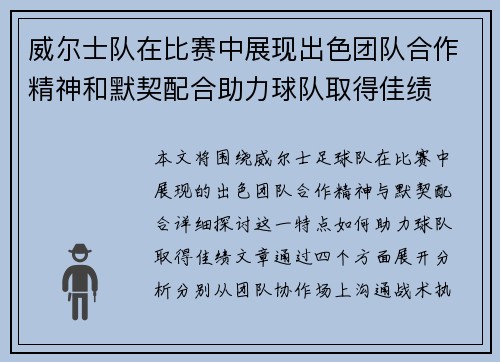 威尔士队在比赛中展现出色团队合作精神和默契配合助力球队取得佳绩