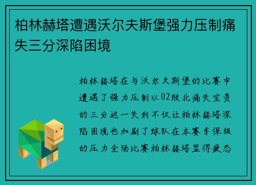 柏林赫塔遭遇沃尔夫斯堡强力压制痛失三分深陷困境