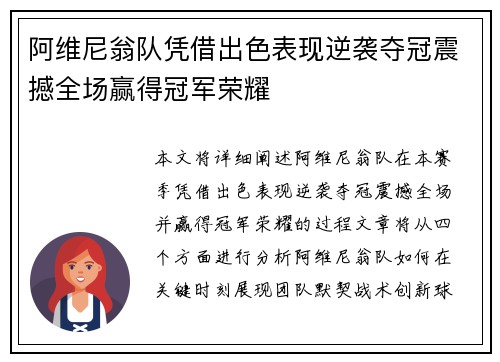 阿维尼翁队凭借出色表现逆袭夺冠震撼全场赢得冠军荣耀