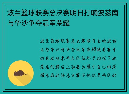 波兰篮球联赛总决赛明日打响波兹南与华沙争夺冠军荣耀